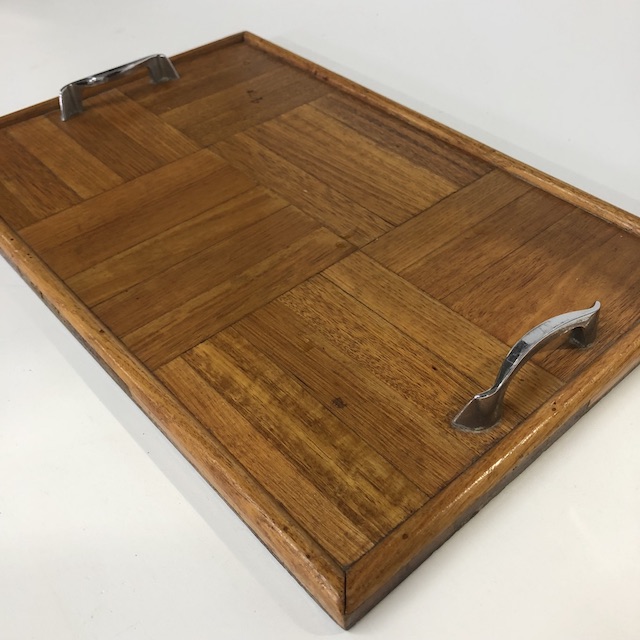 TRAY, 1950s Wooden Parquetry w Chrome Handles
